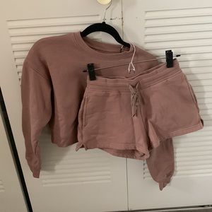 Girlfriend Collective 50/50 Sweat Short-Mauve color Sweater and Short outfit